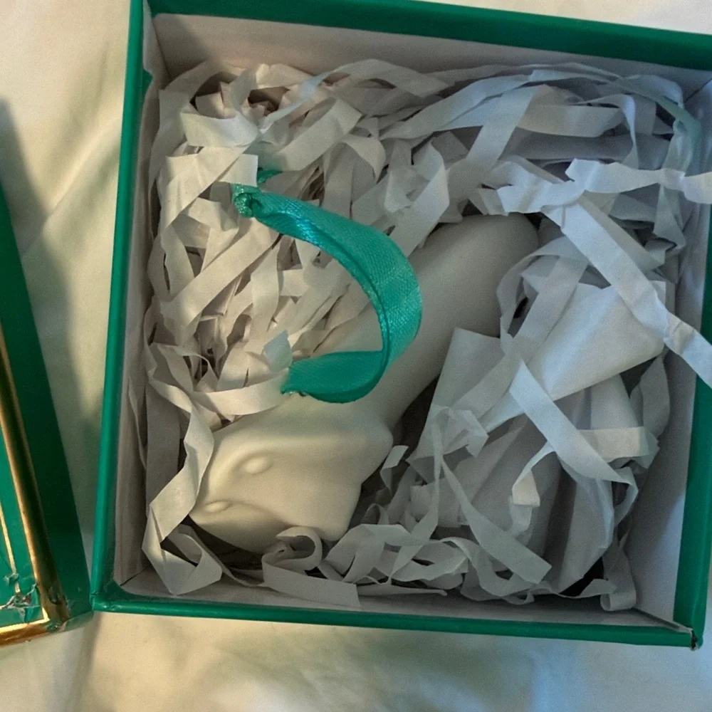 Jonathan Adler White Porcelain Hound Dog Ornament with Teal Gift Box and Ribbon